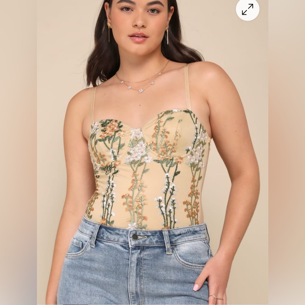 LULUS Essence of Elegance Beige Embroidered Bustier Bodysuit Size XL